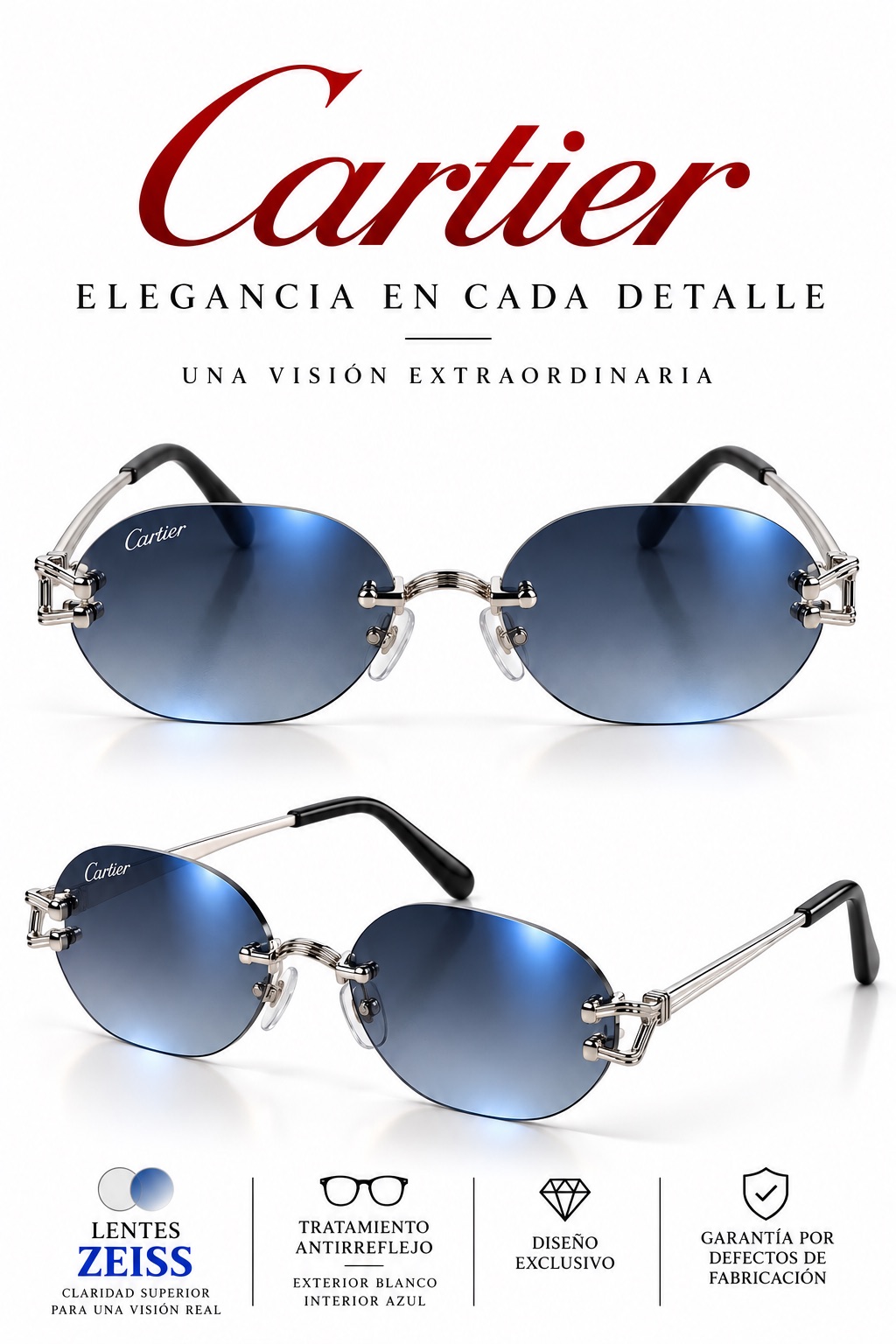 Montura CARTIER 0001 color AZUL PLATEADO